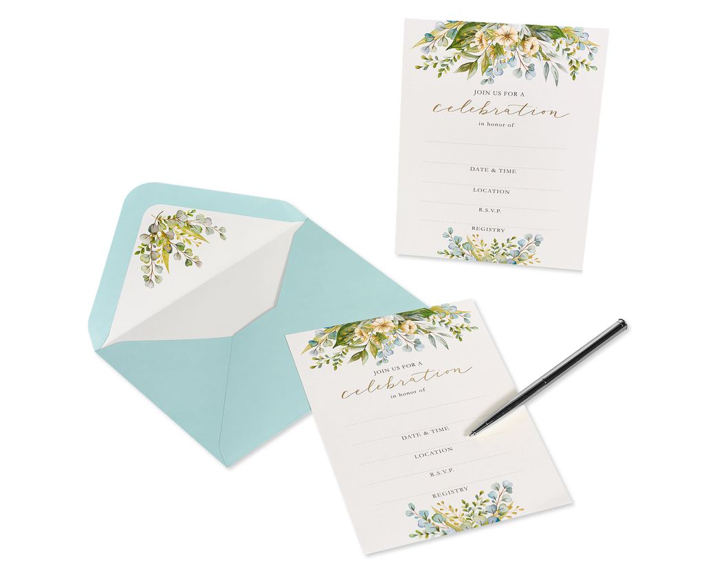 Eucalyptus Leaves Bridal Shower Blank Invitations With Envelopes