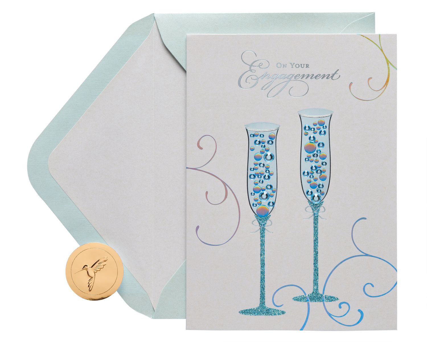 Gems Wedding Engagement Blue Champagne Flute Wedding Greeting Card