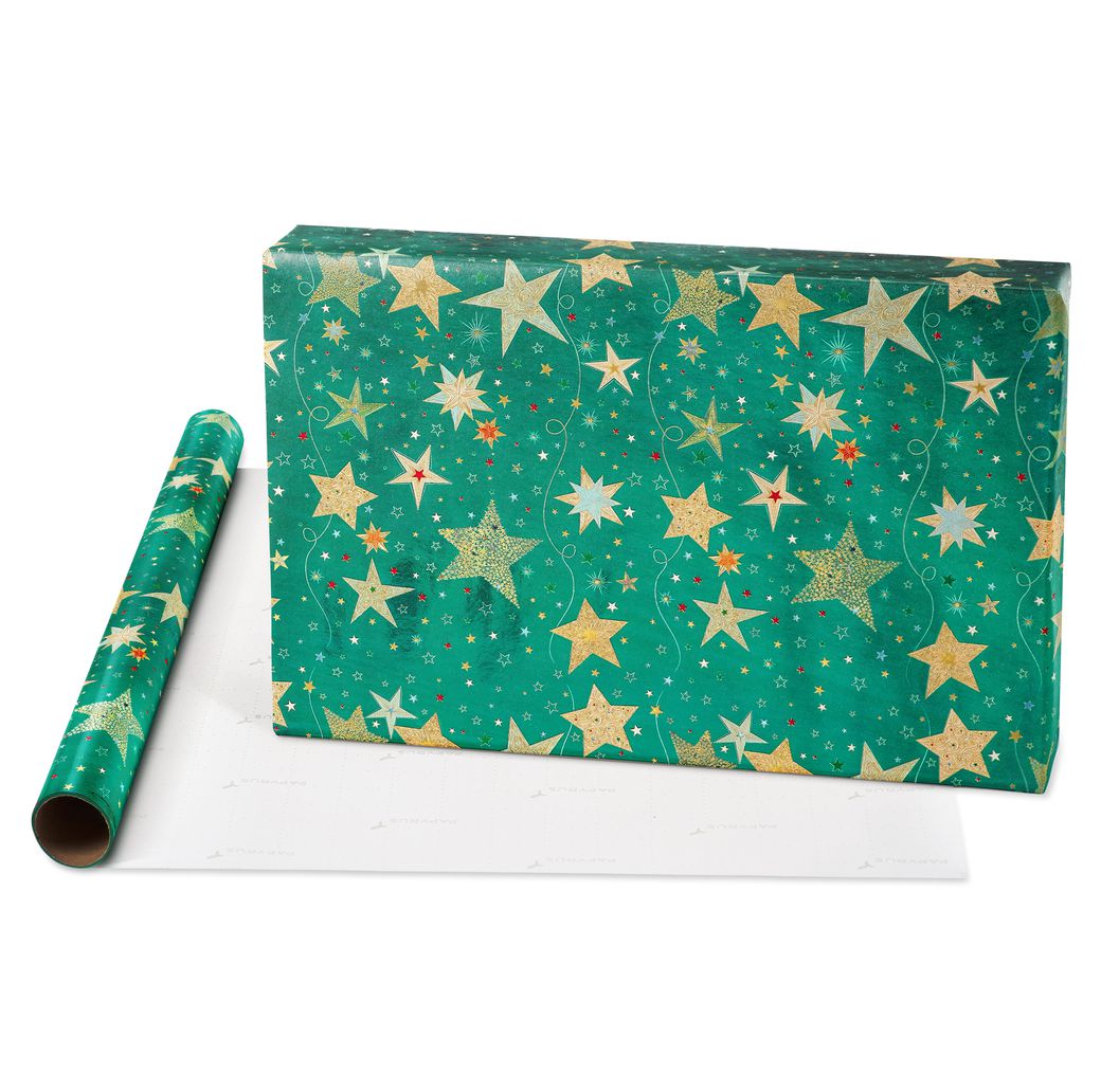 Teal + Gold Stars, Christmas Text, Gold Stars Holiday Wrapping