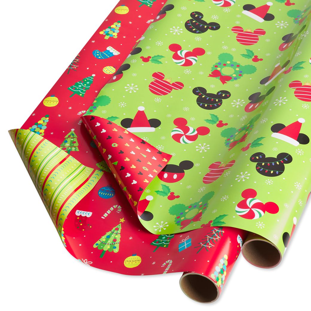 Mickey Mouse and Christmas Decorations Disney Holiday Wrapping Paper Bundle, 2 Rolls Image 1
