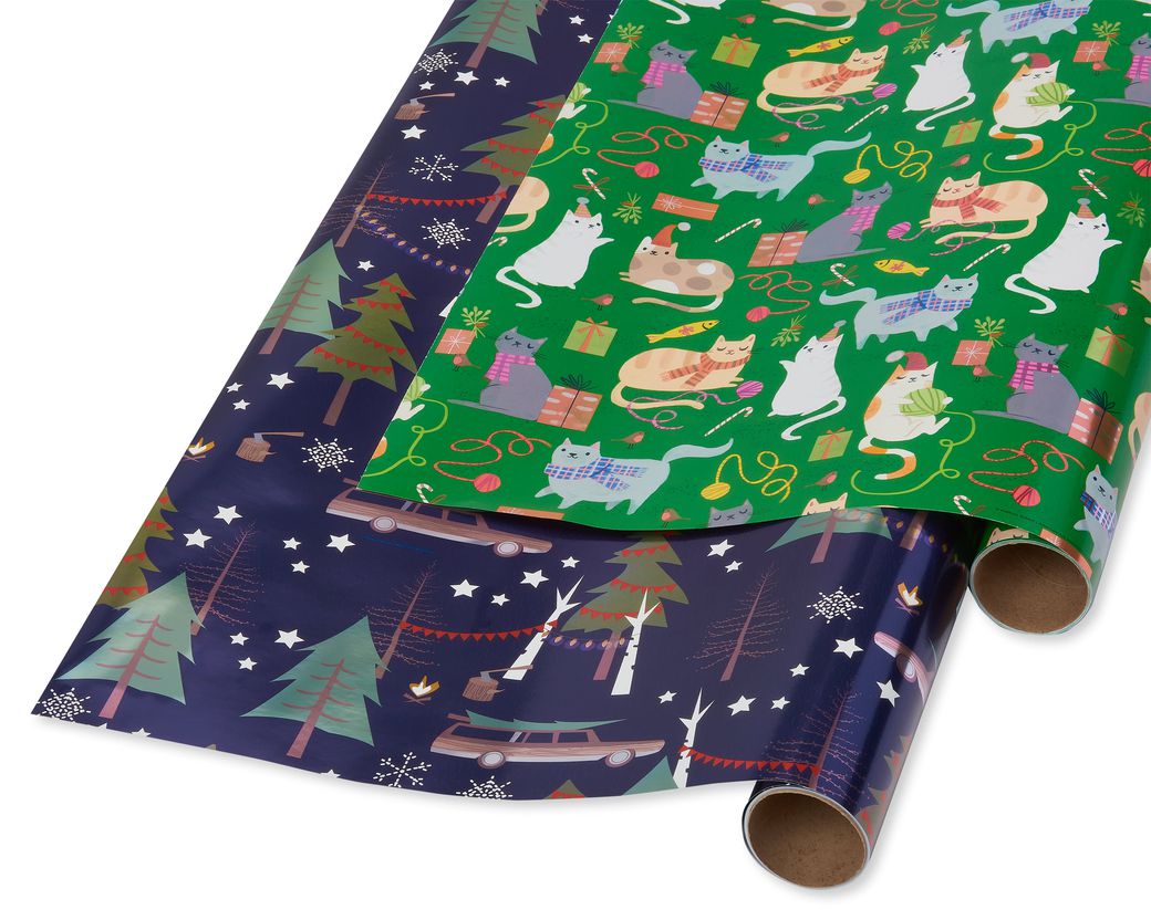 Playful Cats, Cars and Trees Holiday Wrapping Paper Bundle, 2 Rolls Image 1