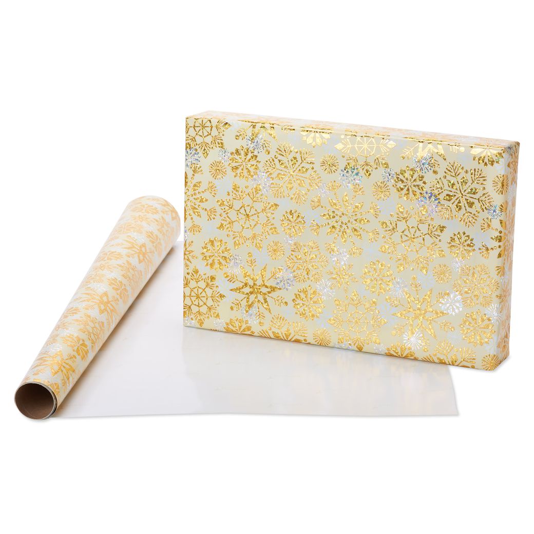 Jumbo Gold and White Snowflake Holiday Wrapping Paper Roll - World Market