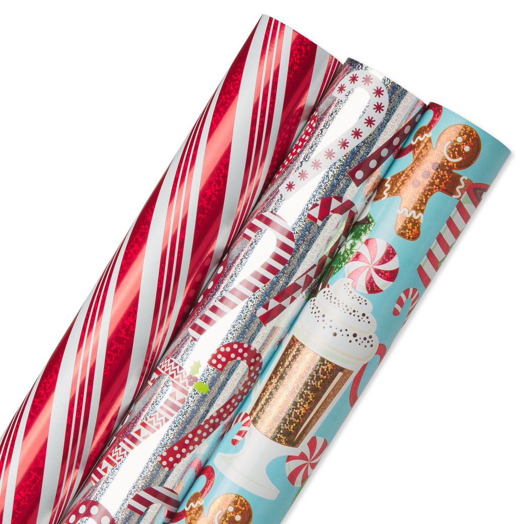 Candy Canes, Red + White Stripes, Hot Cocoa + Treats Holiday Wrapping Paper Bundle, 3 Rolls Image 5