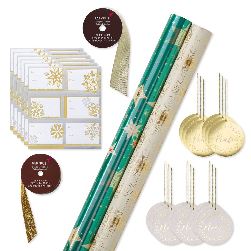 Teal + Gold Stars, Gold Stars Holiday Wrapping Paper Set, 2 Rolls, 2 Ribbons, 5 Tags, 12 Labels Image 1