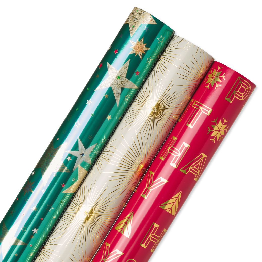Teal + Gold Stars, Christmas Text, Gold Stars Holiday Wrapping Paper Bundle, 3 Rolls Image 5