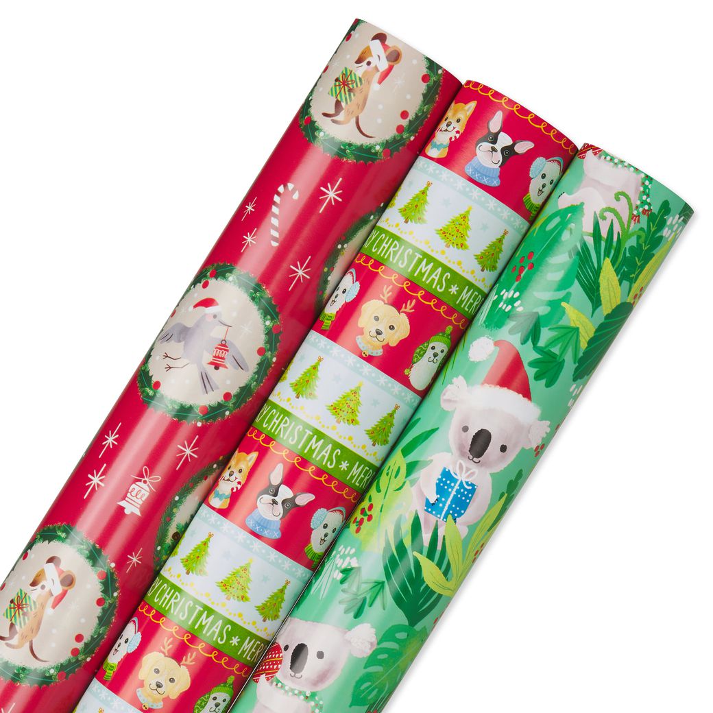 Papyrus Christmas Wrapping Paper Rolls for Kids, Forest Friends, Festive Friends, Koalas (3 Rolls, 90 Sq. ft.)