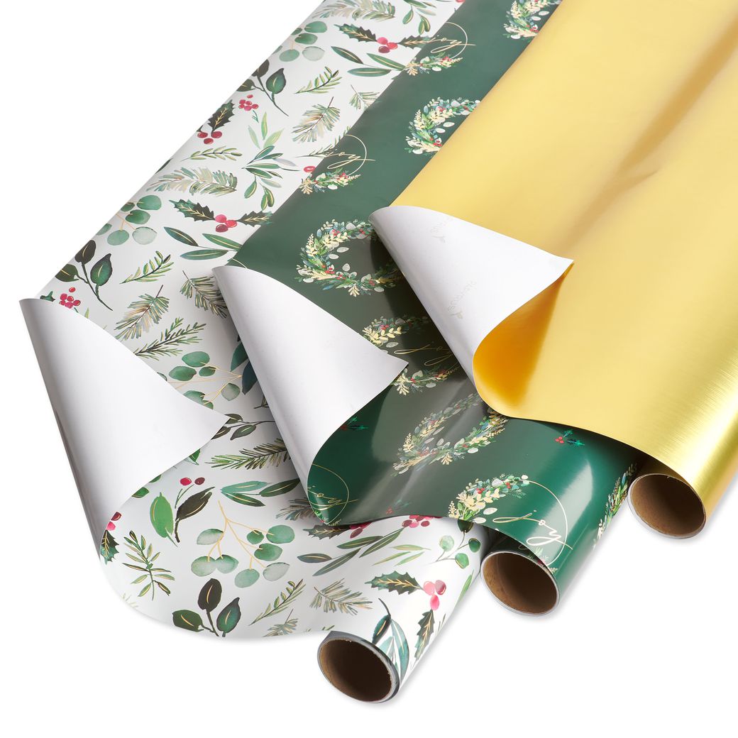 Holly, Wreath, Gold Holiday Wrapping Paper Bundle, 3 Rolls Image 1