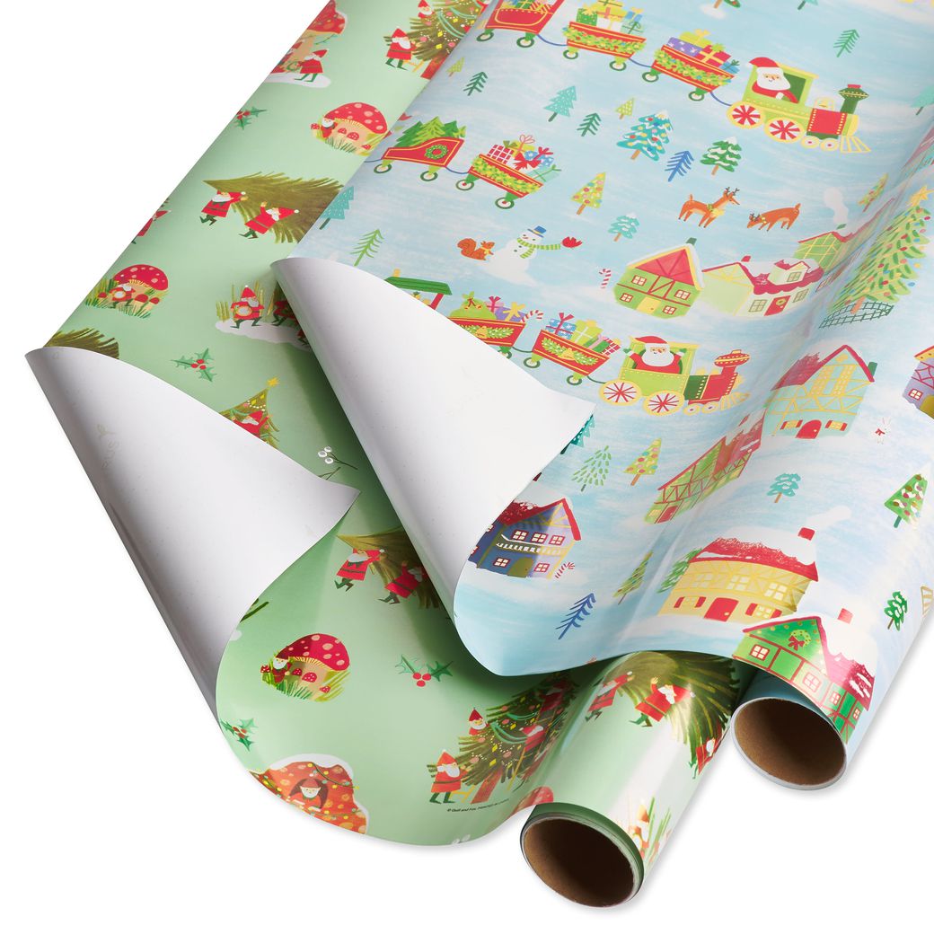 Gnomes, Santa Train Holiday Wrapping Paper Bundle, 2 Rolls Image 1