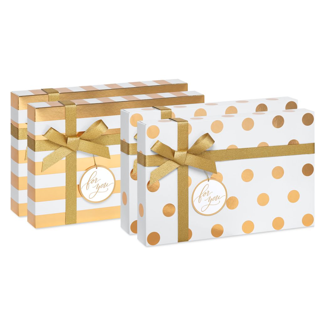 White and Gold Holiday Gift Box Set, 4 Boxes, 4 Gift Tags, One Ribbon, 8 Sheets of Solid Tissue Image 1