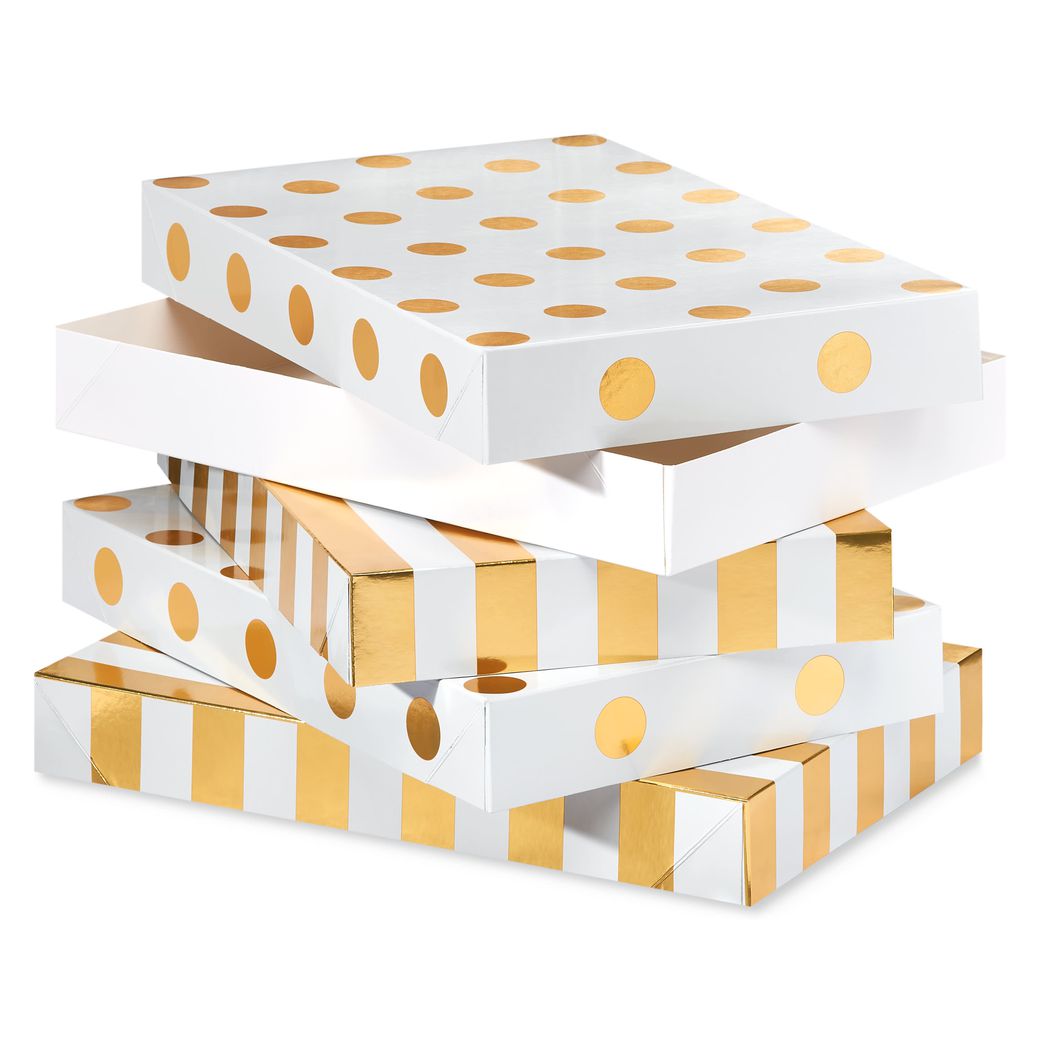 White and Gold Holiday Gift Box Set, 4 Boxes, 4 Gift Tags, One Ribbon, 8 Sheets of Solid Tissue Image 2