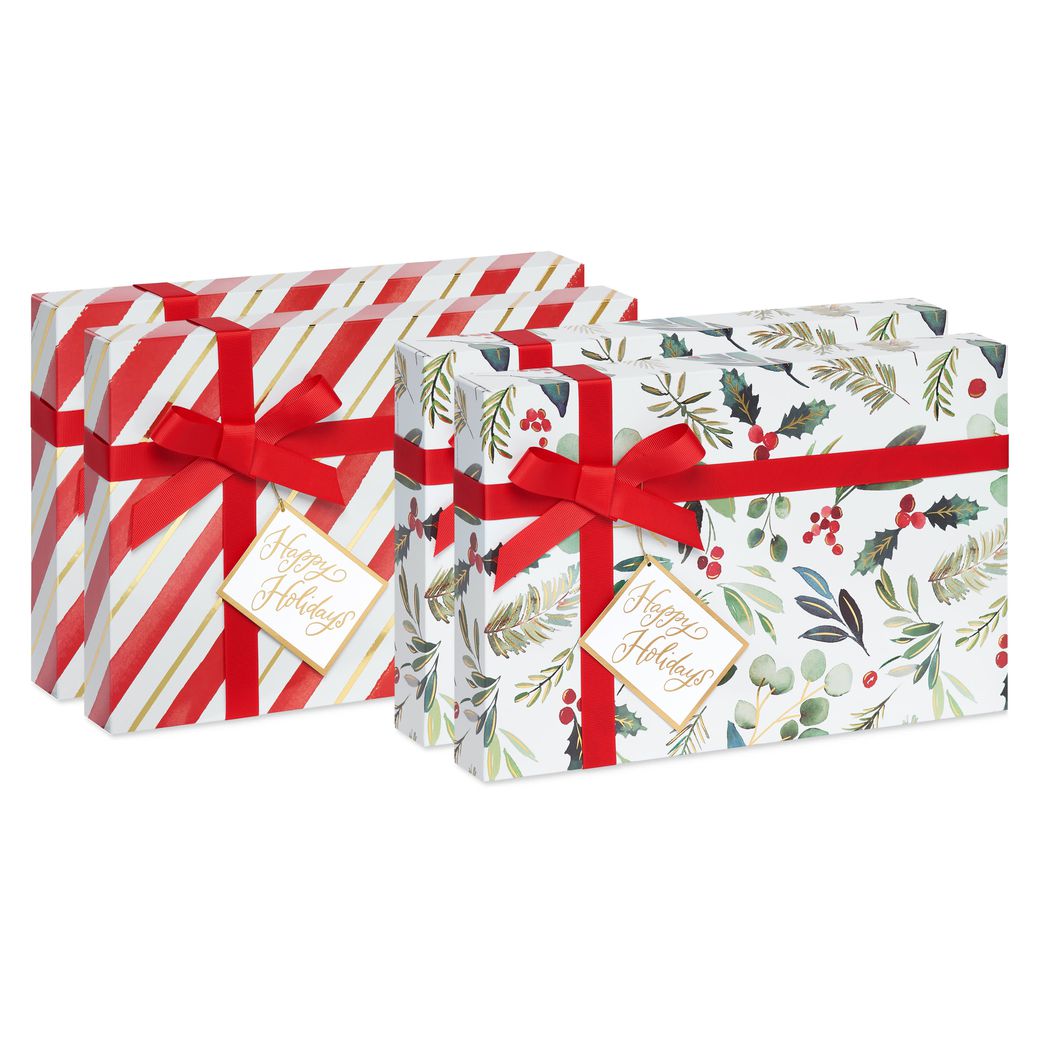 Red Holly Holiday Gift Box Set, 4 Boxes, 4 Gift Tags, One Ribbon, 8 Sheets of Solid Tissue Image 1