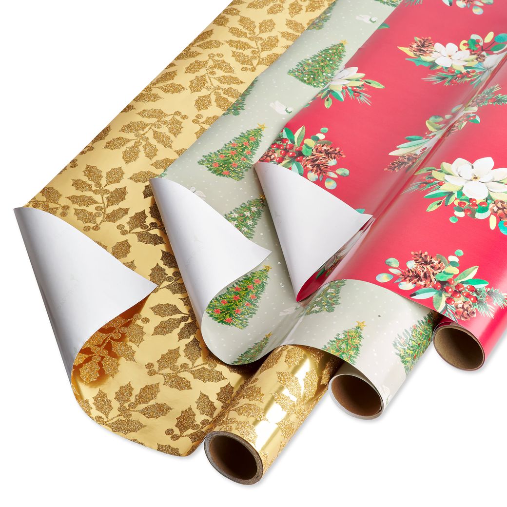 Gold Holly, Christmas Trees, White Floral Holiday Wrapping Paper Bundle, 3 Rolls Image 1