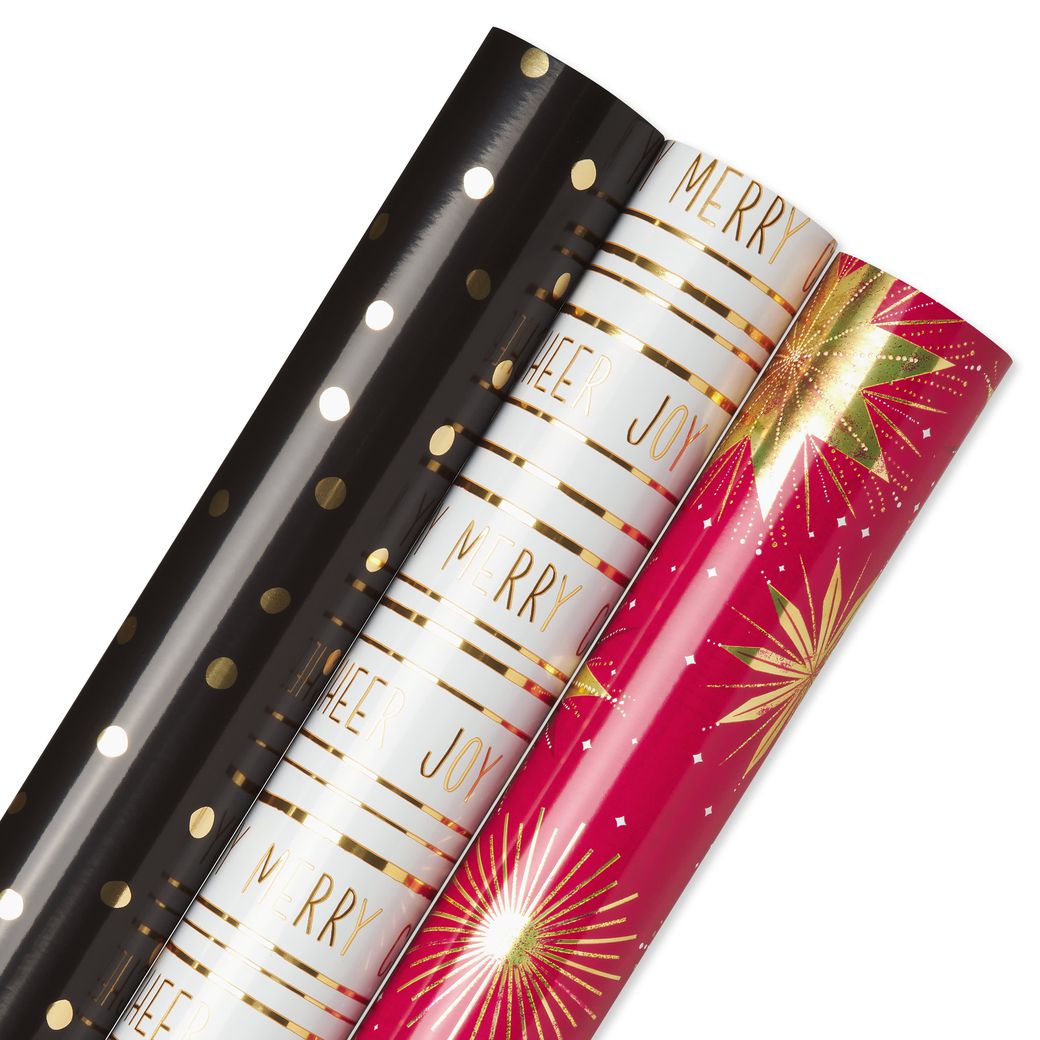 Black + Gold Dots, Joy, Stars Holiday Wrapping Paper Bundle, 3 Rolls Image 5