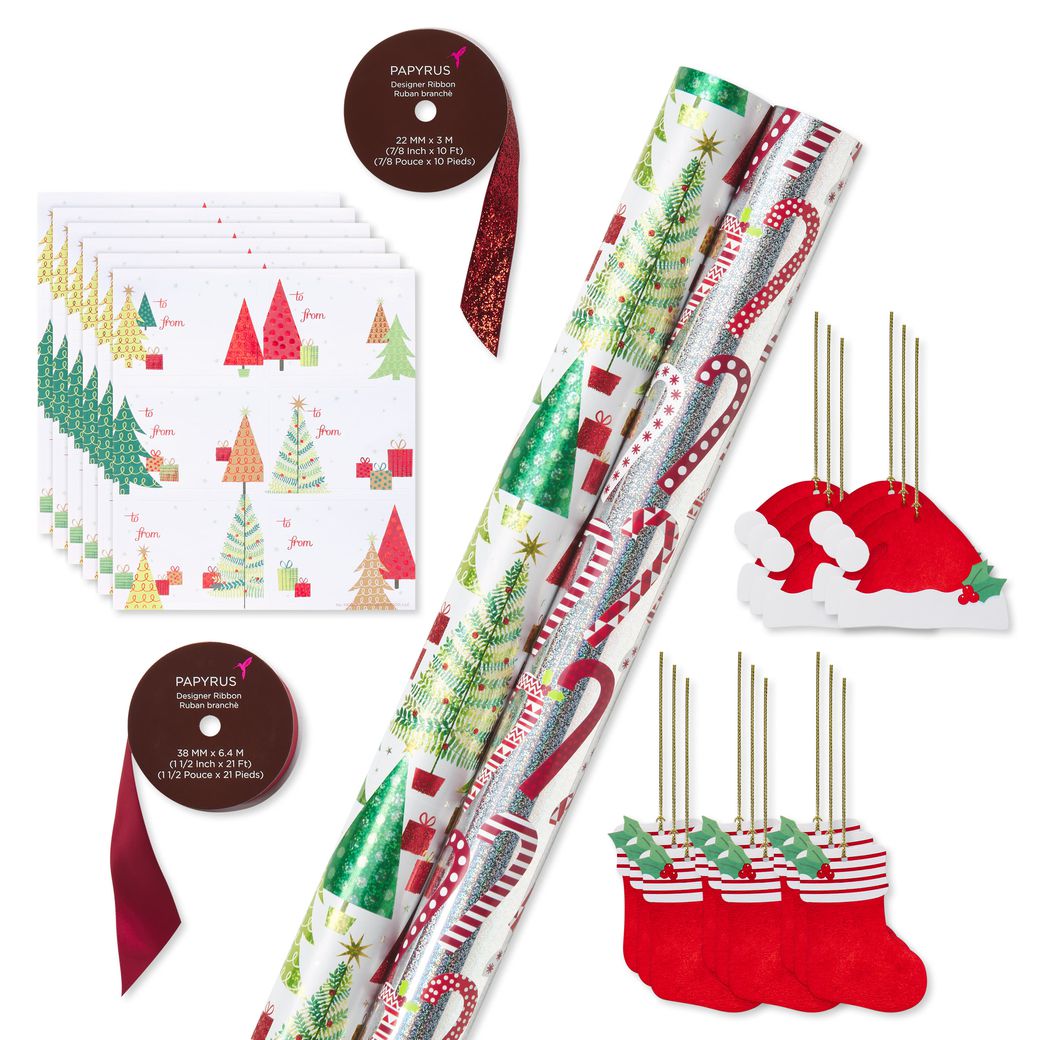 Christmas Trees and Candy Canes Holiday Wrapping Paper Set, 2 Rolls, 2 Ribbons, 5 Tags, 12 Labels Image 1