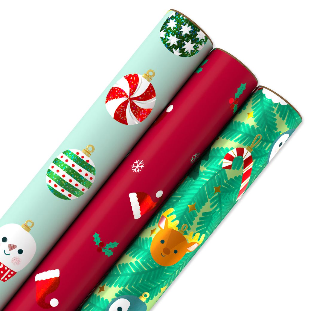 Ornaments, Santa Hats and Animals Christmas Wrap