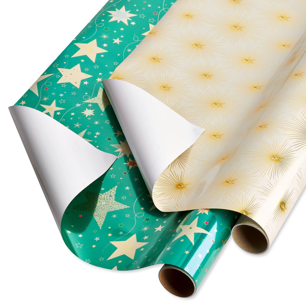 Teal + Gold Stars, Gold Stars Holiday Wrapping Paper Set, 2 Rolls, 2 Ribbons, 5 Tags, 12 Labels Image 2