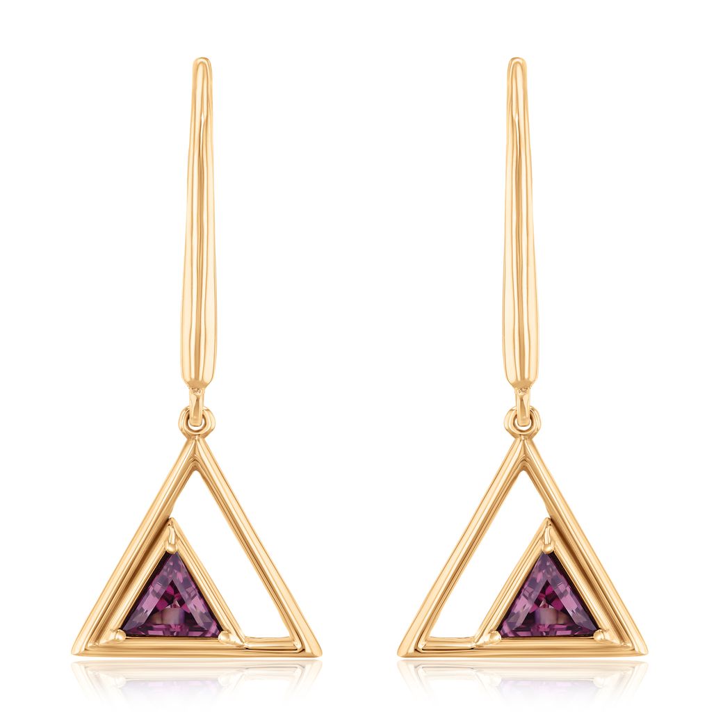 Papyrus Rhodolite Garnet Yellow Gold Triangle Drop Earrings Image 1