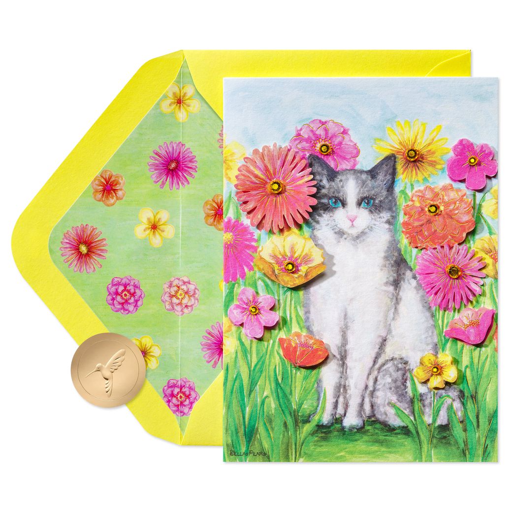 Cat & Flowers Blank Cat Birthday Greeting Card - Designed by Bella Pilar Image 1