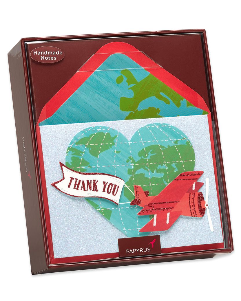 Globe With Plane Handmade Thank You Boxed Blank Note Cards With