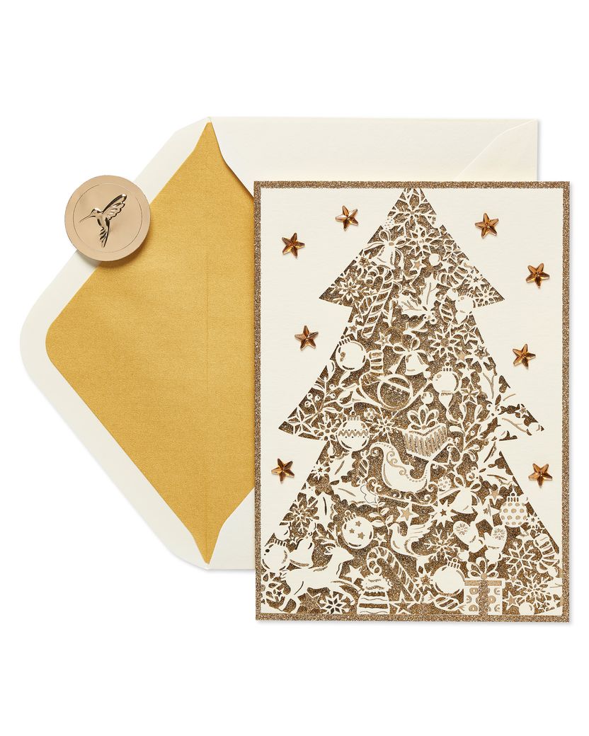 Gold Glitter Holiday Christmas Tree Holiday Boxed Cards, 8-Count Image 1