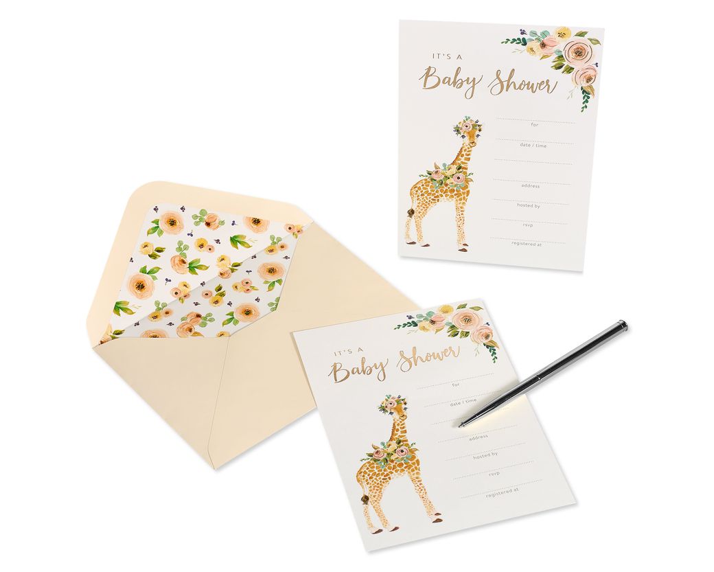 Giraffe Baby Shower Blank Invitations With Envelopes, 20-Count