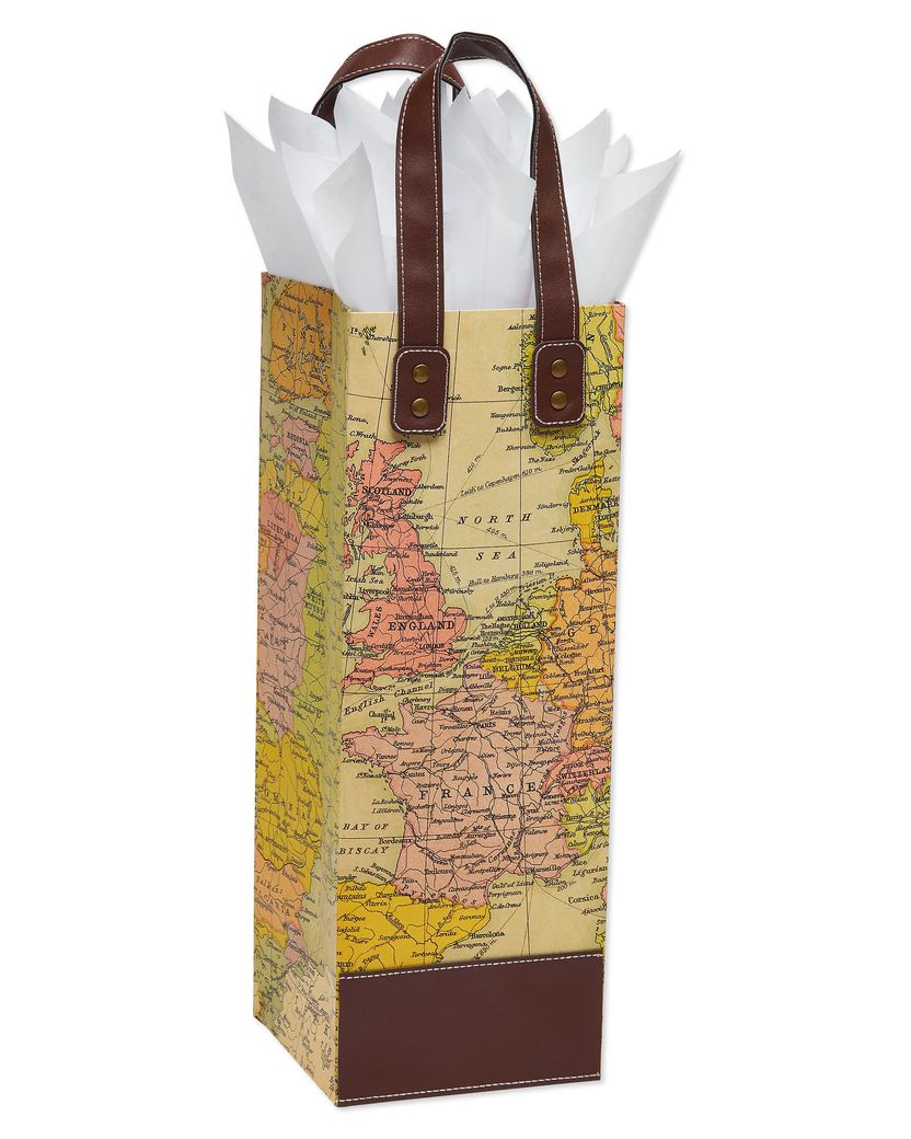 Map Beverage Gift Bag With White Tissue Paper, 1 Gift Bag And 8