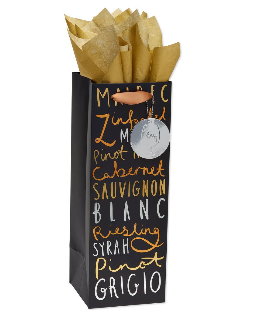 Wine Variety Beverage Gift Bag With Gold Linen Tissue Paper, 1 Gift