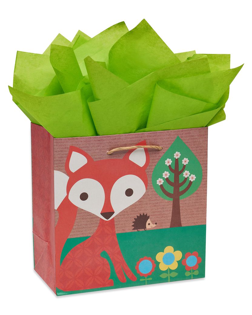 Eco Fox Medium Gift Bag With Retro Green Tissue Paper, 1 Gift Bag