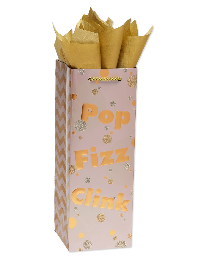 Pop Fizz Clink Beverage Gift Bag with Gold Linen Tissue Paper 1 Gift Bag and 4 Sheets of Tissue Paper