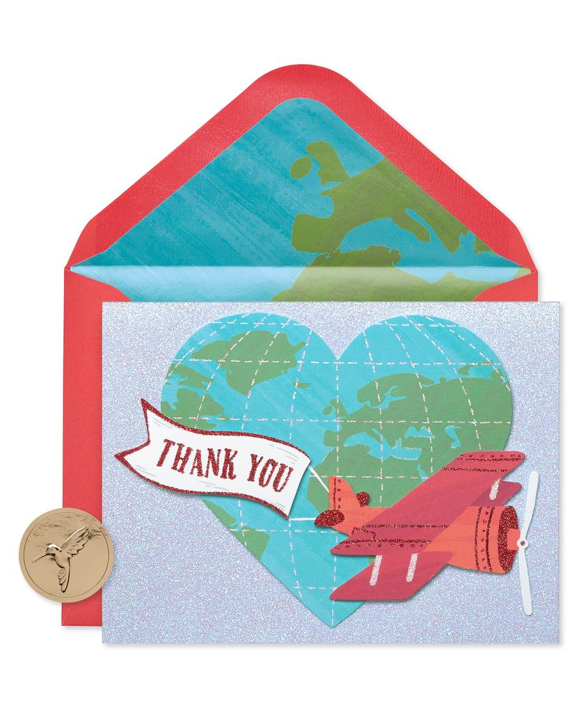 Globe With Plane Handmade Thank You Boxed Blank Note Cards