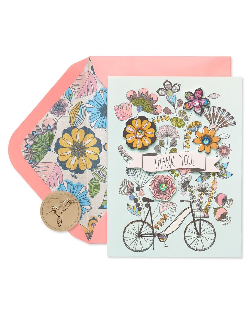 Flowers & Bike Handmade Thank You Boxed Blank Note Cards with Glitter 8-Count