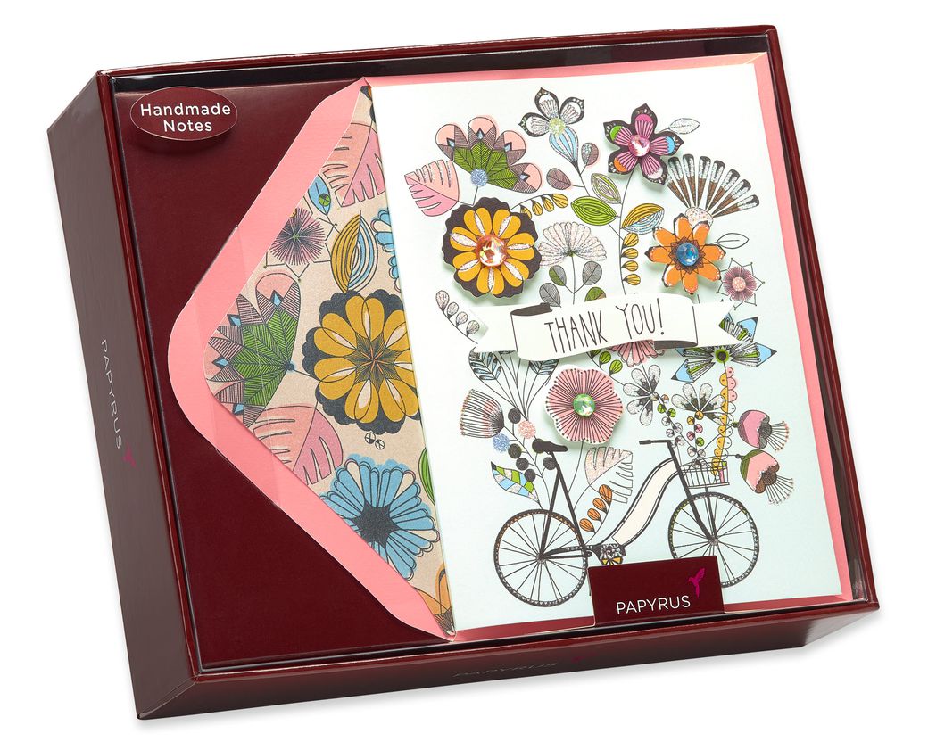 Papyrus Flowers and Bike Handmade Boxed Blank Thank You Cards, 8ct