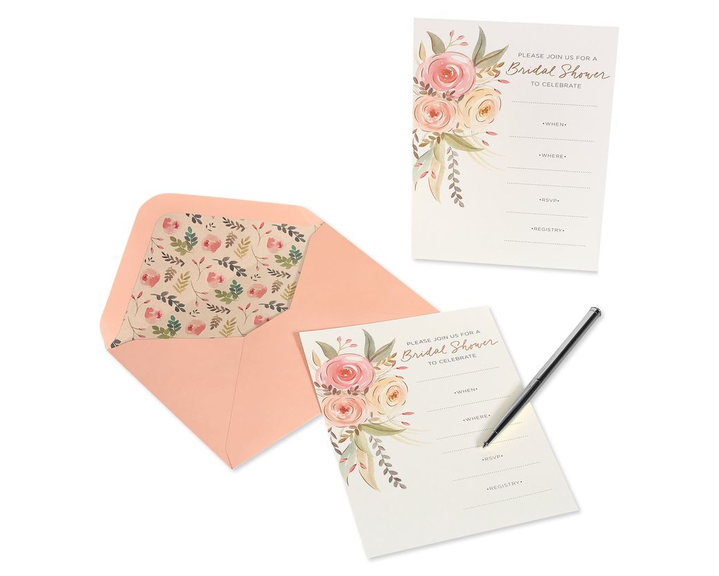 Floral Bridal Shower Blank Invitations With Envelopes, Floral, 20