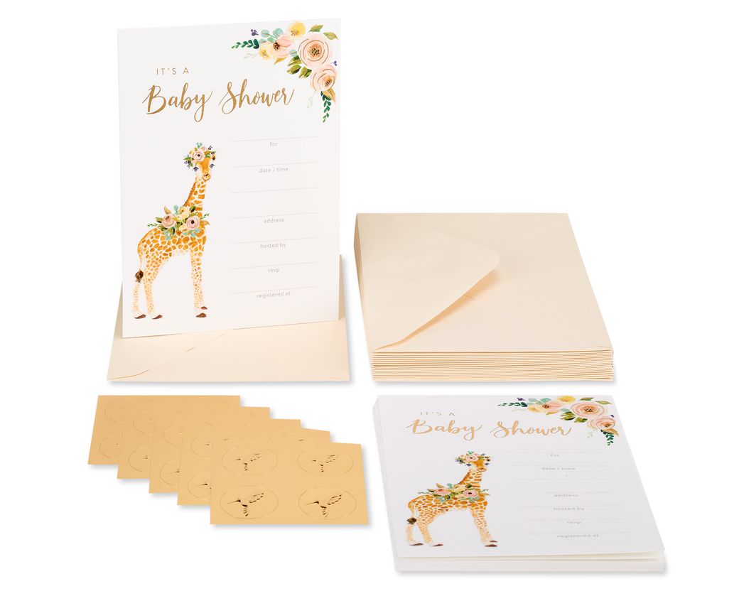 Giraffe Baby Shower Blank Invitations With Envelopes, 20-Count