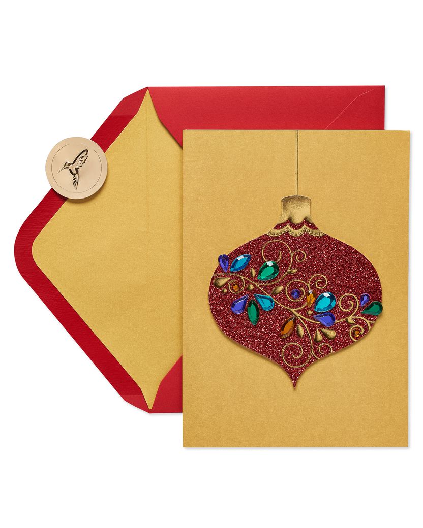 Red Glitter Holiday Ornament Christmas Cards Boxed 8 Count