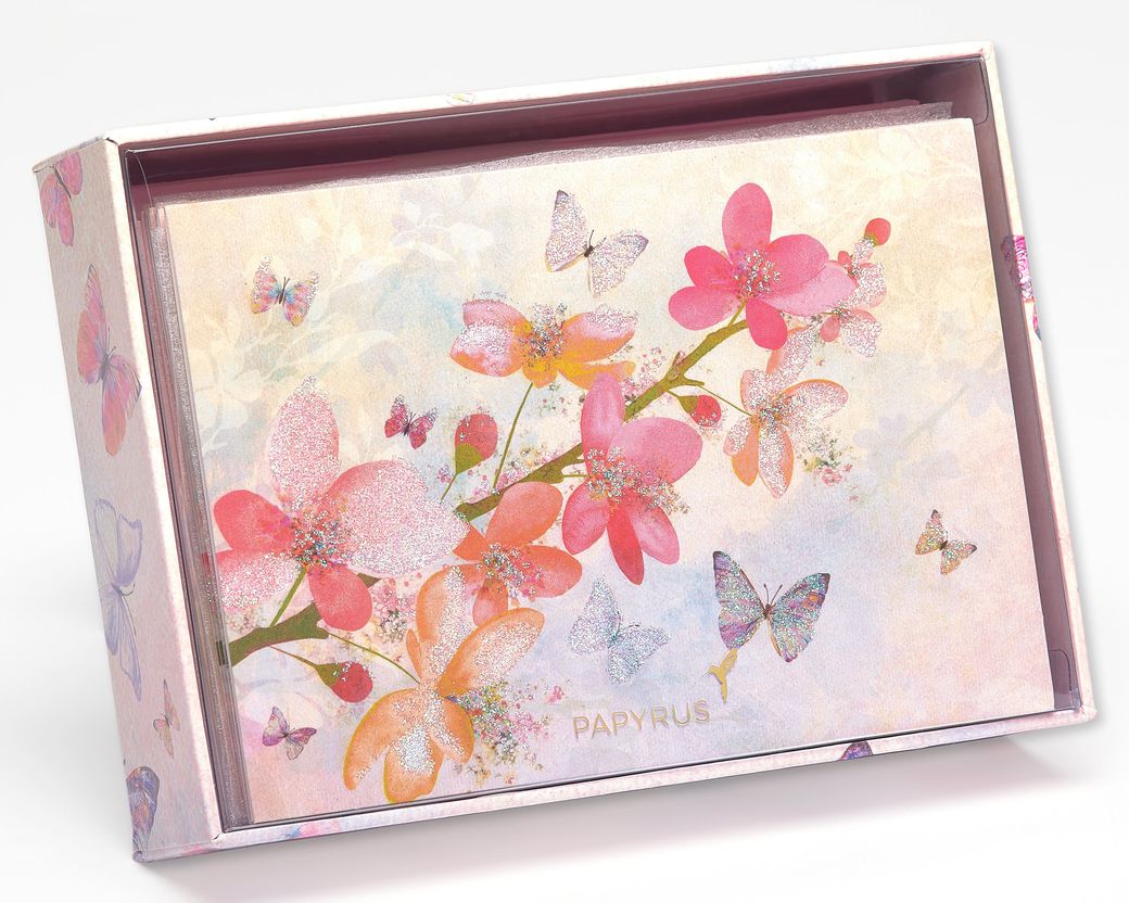 Scattered Blossoms Boxed Blank Note Cards With Glitter And Envelopes