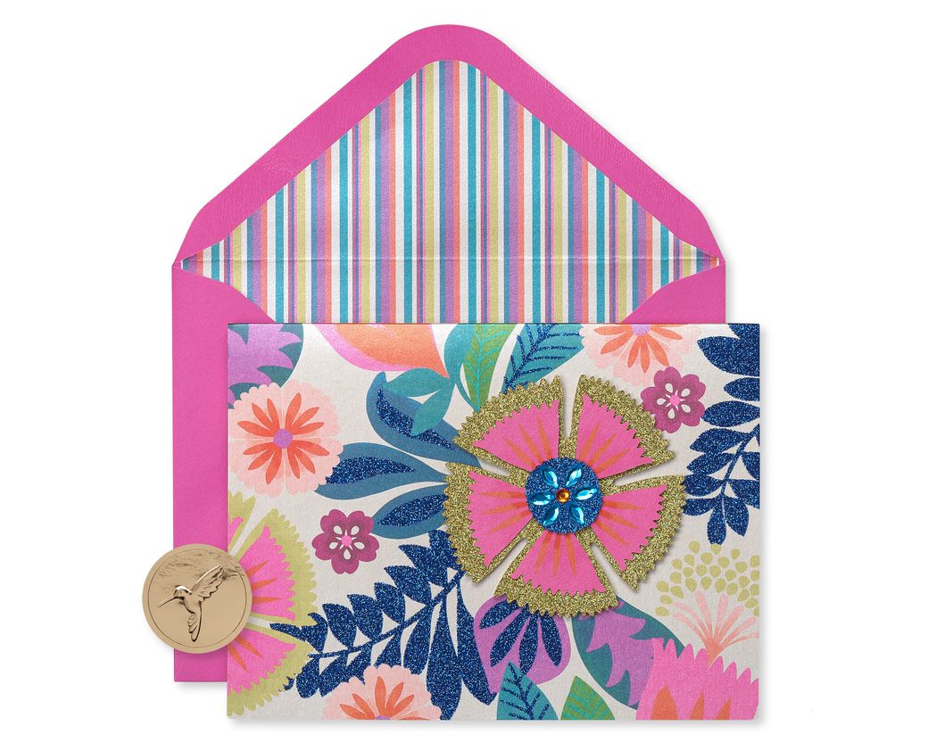 Bright Flowers Handmade Boxed Blank Note Cards With Glitter, 8Count