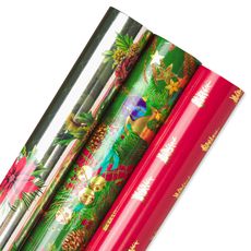 Poinsettias, Christmas Tidings, Red + Gold Trees Holiday Wrapping Paper Bundle, 3 Rolls Image 5