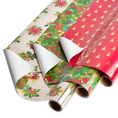 Poinsettias, Christmas Tidings, Red + Gold Trees Holiday Wrapping Paper Bundle, 3 Rolls Image 1