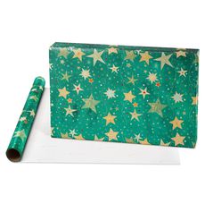 Teal + Gold Stars, Gold Stars Holiday Wrapping Paper Set, 2 Rolls, 2 Ribbons, 5 Tags, 12 Labels Image 3