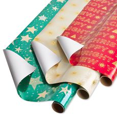 Teal + Gold Stars, Christmas Text, Gold Stars Holiday Wrapping Paper Bundle, 3 Rolls Image 1