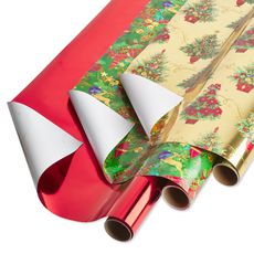 Metallic Red, Christmas Tree, Christmas Tidings Holiday Wrapping Paper Bundle, 3 Rolls Image 1