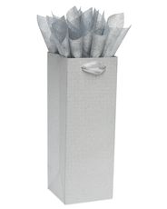 Silver Glitter Beverage Gift Bag with Silver Fiber Tissue Paper 1 Gift Bag and 4 Sheets of Tissue Paper