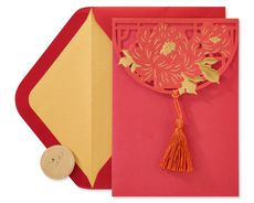Asian Lasercut Design Red & Gold Blank Greeting Card