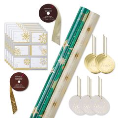 Teal + Gold Stars, Gold Star Wrapping Paper Set, 2 Rolls, 2 Ribbons, 5 Tags, 12 Labels