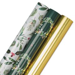 Holly, Wreath, Gold Holiday Wrapping Paper Bundle, 3 Rolls