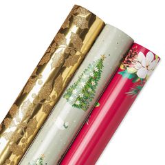 Gold Holly, Christmas Trees, White Floral Holiday Wrapping Paper Bundle, 3 Rolls