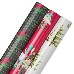 Plaid, White Floral, Christmas Trees Holiday Wrapping Paper Bundle, 3 Rolls