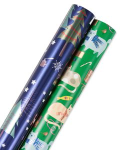 Playful Cats, Cars and Trees Holiday Wrapping Paper Bundle, 2 Rolls