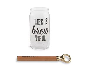 Mud Pie Life is Brew Glass and Bottle Opener Set, 2-Count